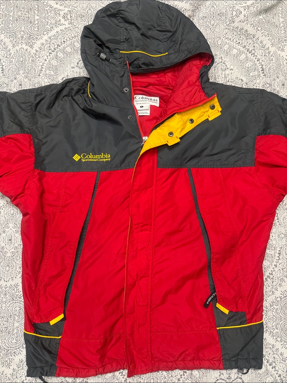Columbia Red, Black & Yellow Hooded Ski or Snow Jacket - Large